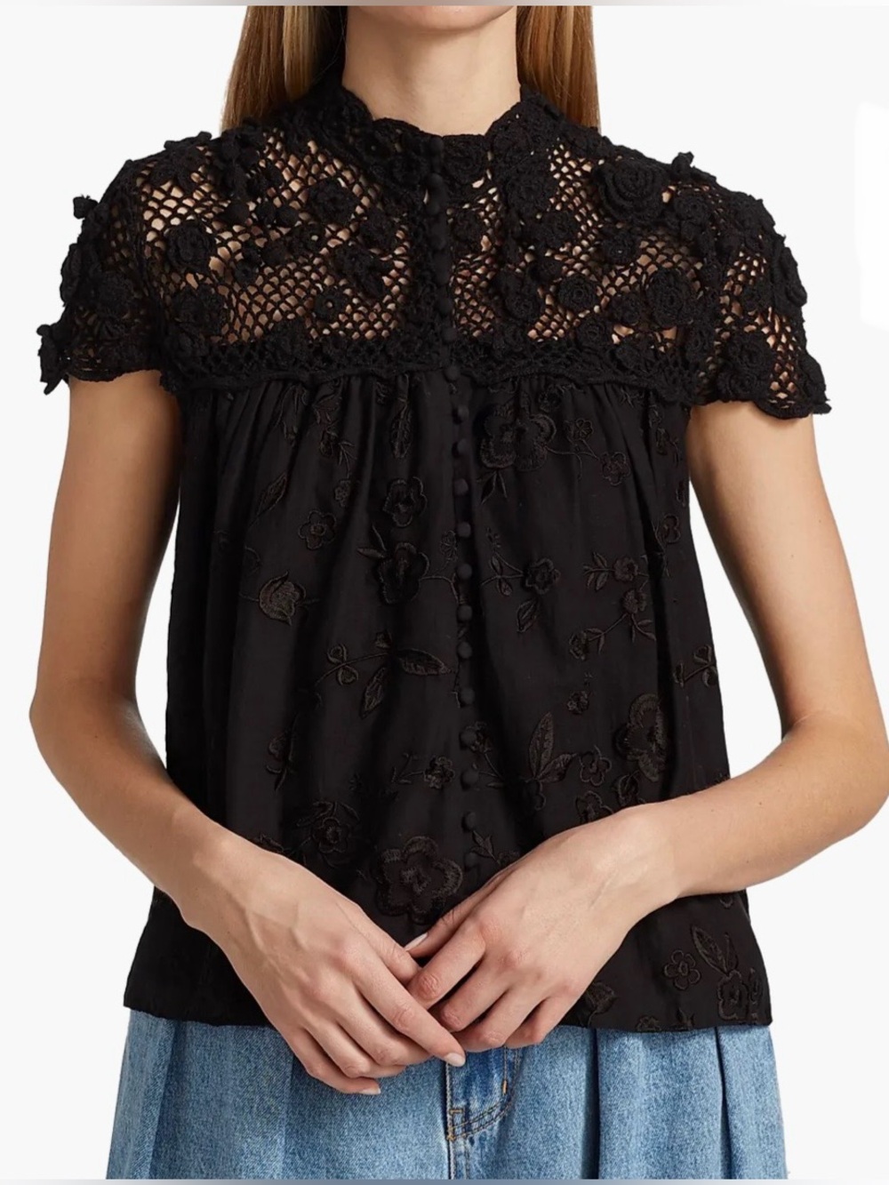 Alice + Olivia Illaria Crochet Embroidered Floral Top Black Size M